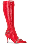 Balenciaga Cagole Lambskin Buckle Zip Knee Boots In Tomato Red