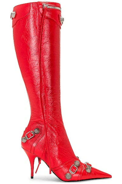 Balenciaga Cagole Lambskin Buckle Zip Knee Boots In Tomato Redaged Ni