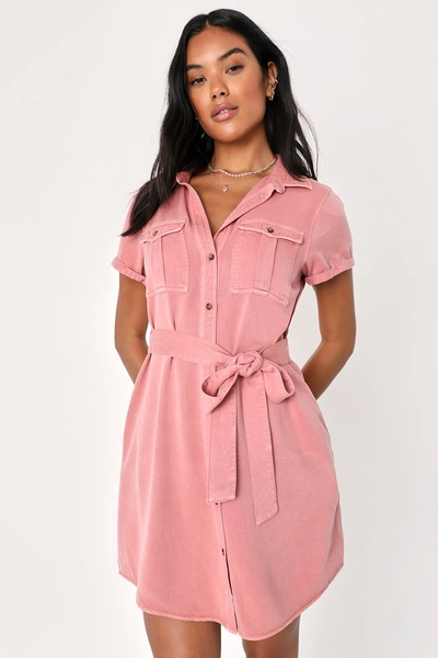 Lulus Everyday Adorable Rose Pink Button-up Shirt Dress With Pockets