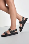 STEVE MADDEN MONA BLACK LEATHER SLINGBACK FLATFORM SANDALS