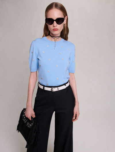 Maje Jumper Trimmed With Rhinestones For Fall/winter In Blue