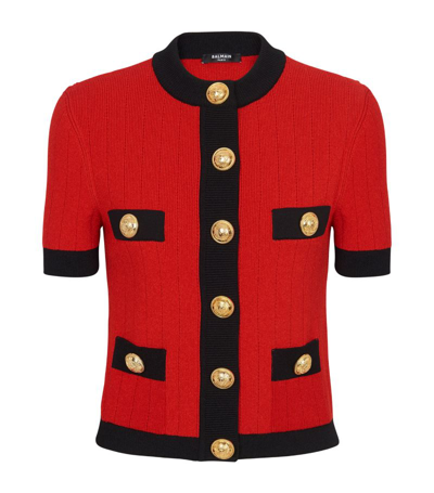 Balmain Short-sleeve Cropped Cardigan In Red
