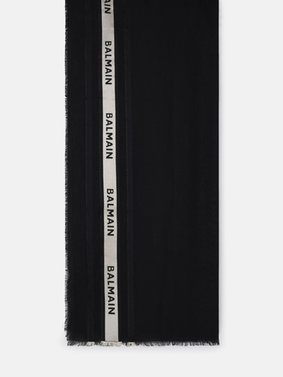 Balmain Logo Tape Organic Cotton Blend Scarf In Black