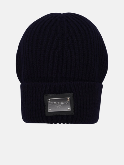 Dolce & Gabbana Ribbed Logo-plaque Beanie Hat In Navy