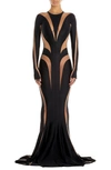 Mugler Spiral Illusion Inset Long Sleeve Gown In Black
