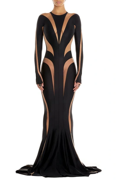 Mugler Spiral Illusion Inset Long Sleeve Gown In Black  