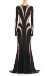 Mugler Spiral Illusion Inset Long Sleeve Gown In Black Nude 01