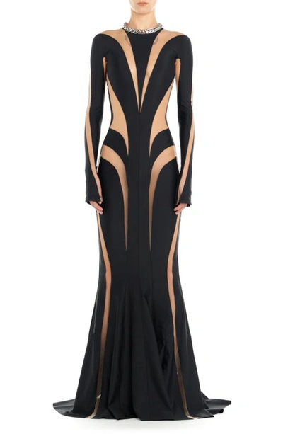 Mugler Spiral Illusion Inset Long Sleeve Gown In Black