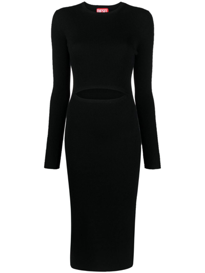 Diesel Cut Out-detail Ribbed Midi Dress In Black