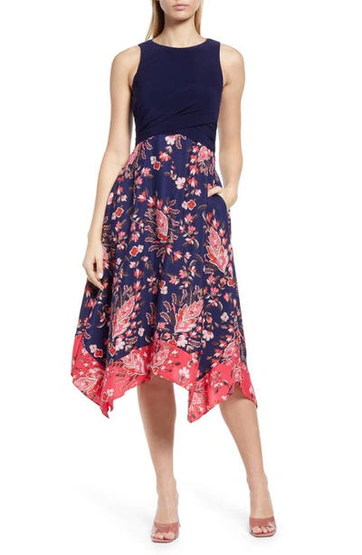 Vince Camuto Mixed Media Handkerchief Hem Midi Dress In Navy Multi