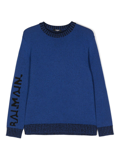 Balmain Intarsia-knit Logo Jumper In 蓝色
