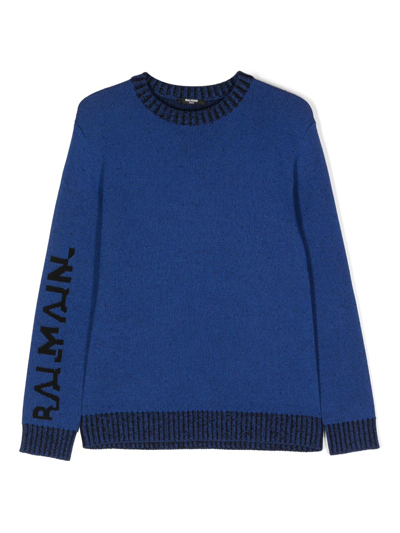 Balmain Kids' Intarsia-knit Logo Jumper In 蓝色