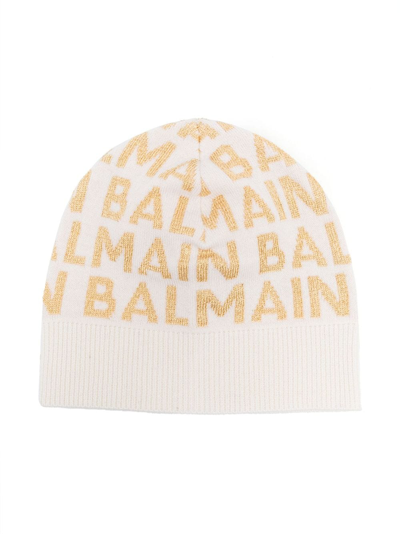 Balmain Logo-intarsia Knitted Beanie In White