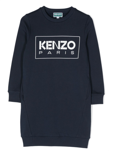 Kenzo Logo-print Cotton Casual Dress In Blue