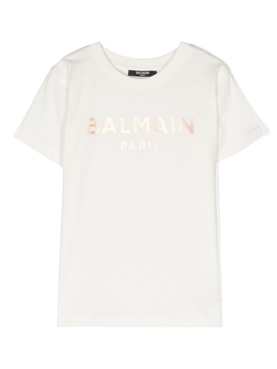 Balmain Logo-print Cotton T-shirt In Blanc/argent