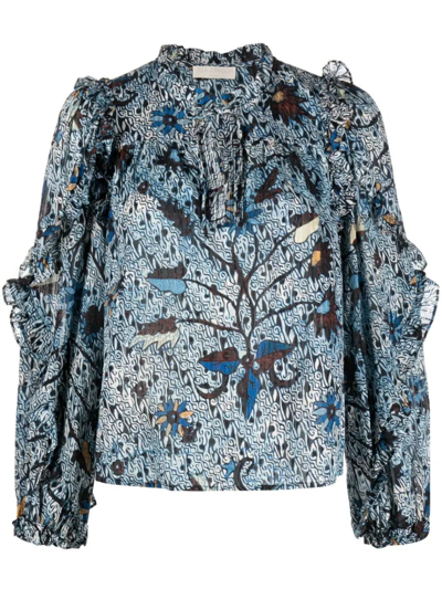 Ulla Johnson Manet Split-neck Printed Puff-sleeve Blouse In Morning Glory