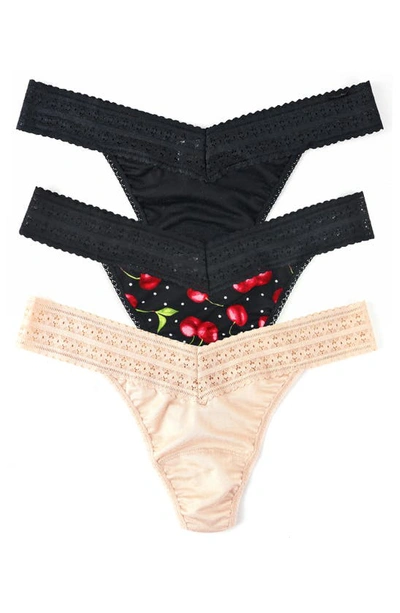 Hanky Panky Dreamease Assorted 3-pack Original Rise Thongs In Black/ Cherry/ Chai