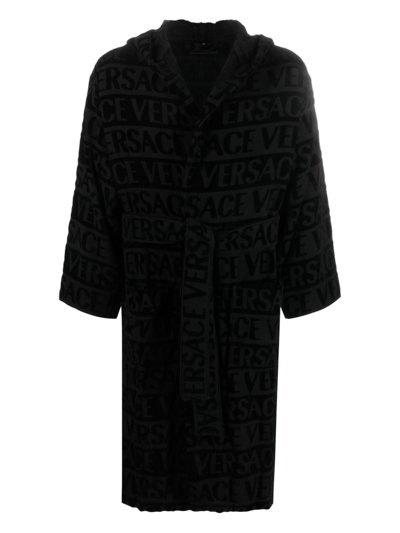 Versace Logo Towelling Belted Robe In Black