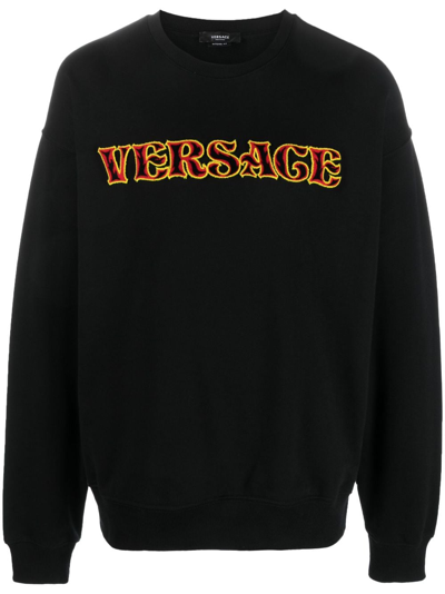 Versace Logo Embroidered Crewneck Sweatshirt In Black