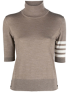 Thom Browne Short-sleeved Turtleneck Sweater With Contrasting Stripes In Brown