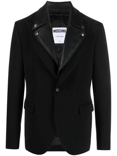 Moschino Faux-leather Notched-lapels Blazer In Black