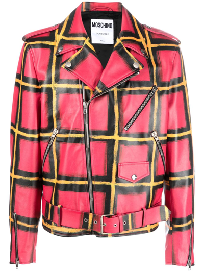 Moschino Check-pattern Leather Jacket In Pink