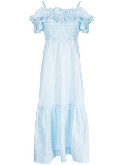 Ganni Ruffled-detail Midi Dress In Blue