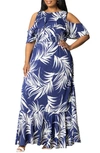 Kiyonna Piper Cold Shoulder Dress In Navy Palms Print