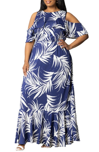 Kiyonna Piper Cold Shoulder Dress In Navy Palms Print