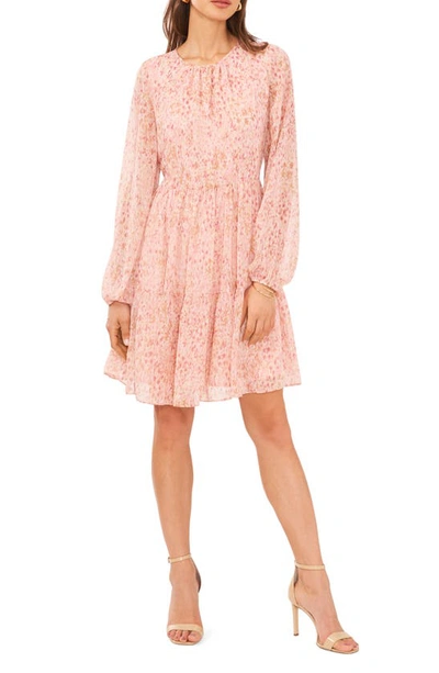 Halogen Abstract Print Long Sleeve Tiered Dress In Rosette Pink