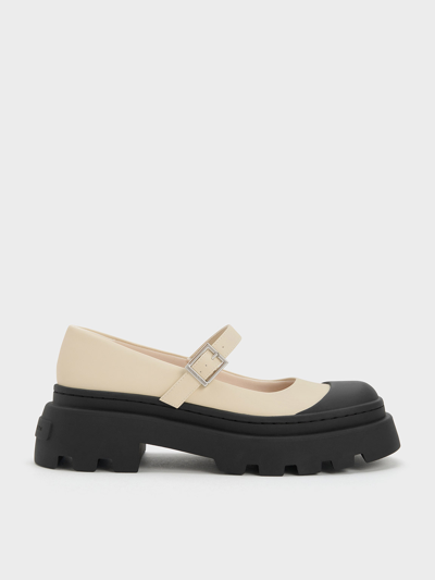 Charles & Keith Two-tone Platform Mary Janes In Chalk
