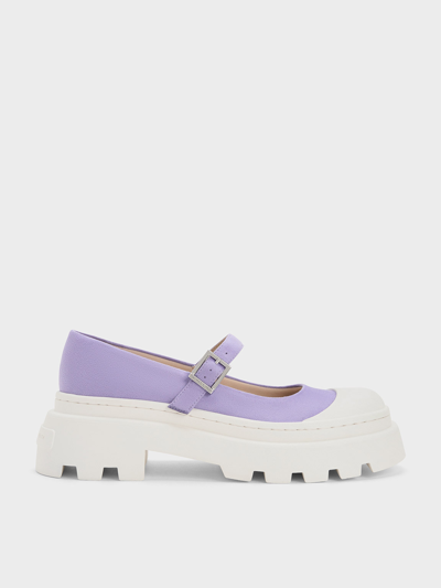 Charles & Keith Textured Two-tone Platform Mary Janes In Purple