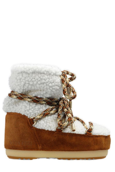 Moon Boot Kids' Shearling & Suede Ankle Snow Boots In White,brown
