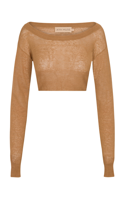 Aya Muse Lyca Linen-blend Knit Crop Top In Brown