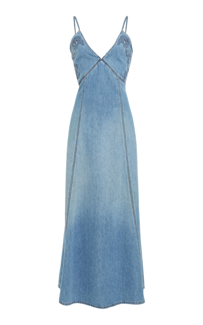 Chloé Denim Maxi Dress With Eyelet Embroidery In Foggy Blue