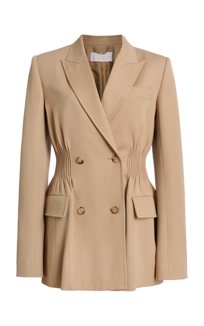 Chloé Shirred Double-breasted Wool Gabardine Blazer In Beige