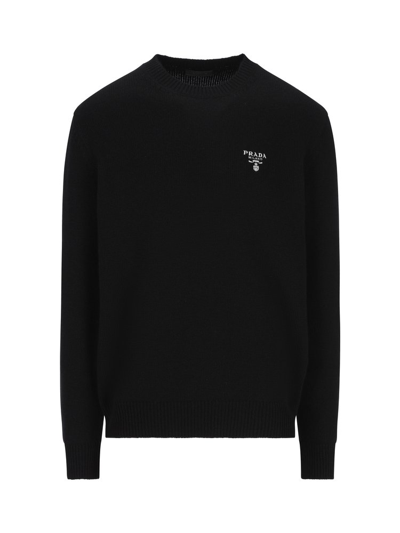 Prada Logo刺绣毛衣 In Black