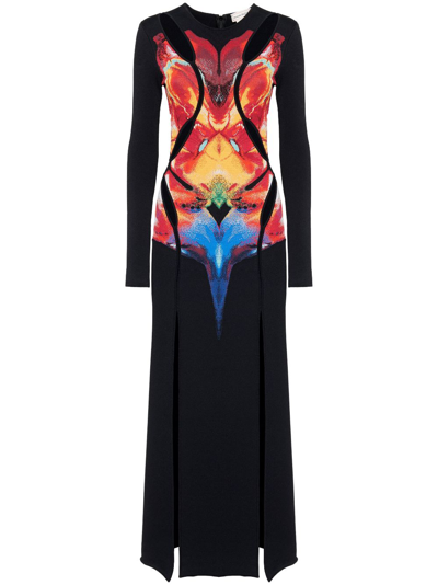 Alexander Mcqueen Flower Knit Maxi Dress With Slash Cutout Detail In Black/red/yellow