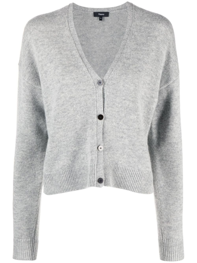 Theory V-neck Purl-knit Cardigan In Silver