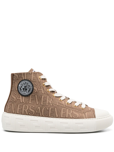 Versace Greca Logo Jacquard High Top Sneaker In Beige+brown-versa