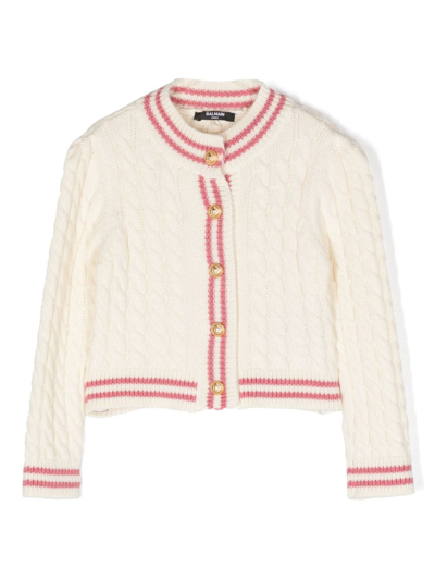 Balmain Cable-knit Wool Cardigan In Bianco