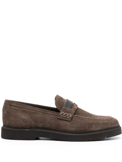 Brunello Cucinelli Suede Penny Loafers In Grey