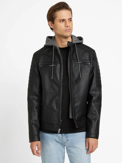 Guess Factory David Faux-leather Hooded Jacket In Black