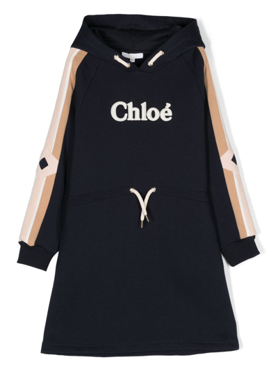 Chloé Kids' Girls Blue Organic Cotton Hooded Logo Dress