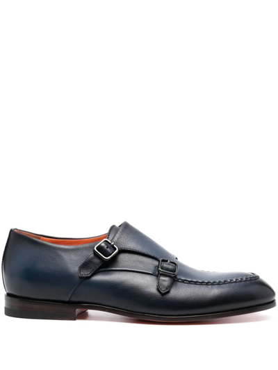 SANTONI DOUBLE-BUCKLE LEATHER MONK SHOES