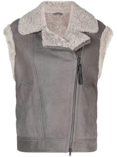 Brunello Cucinelli Suede Moto Vest With Soft Shearling Lining In Medium Grey