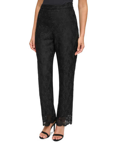 Donna Karan Women's Circular Lace Wide-leg Zip Pants In Black