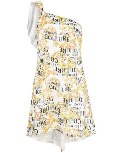 Versace Jeans Couture Logo-print One-shoulder Dress In Neutrals