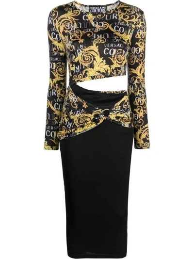 Versace Jeans Couture Organzino Print Cutout Dress In Black