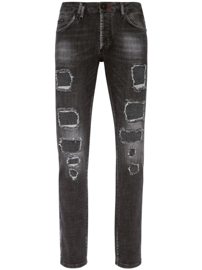 Philipp Plein Distressed Low-rise Skinny Jeans In Black
